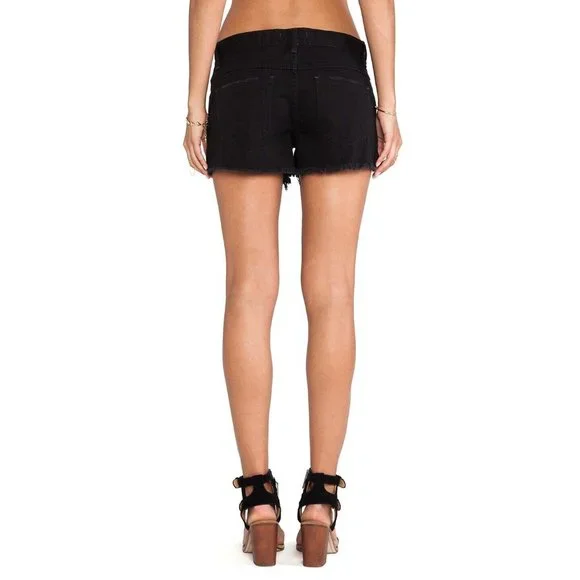 Free People Denim Shorts Sharkbite Black Button Fly Fray Hem Distress - Picture 2 of 10
